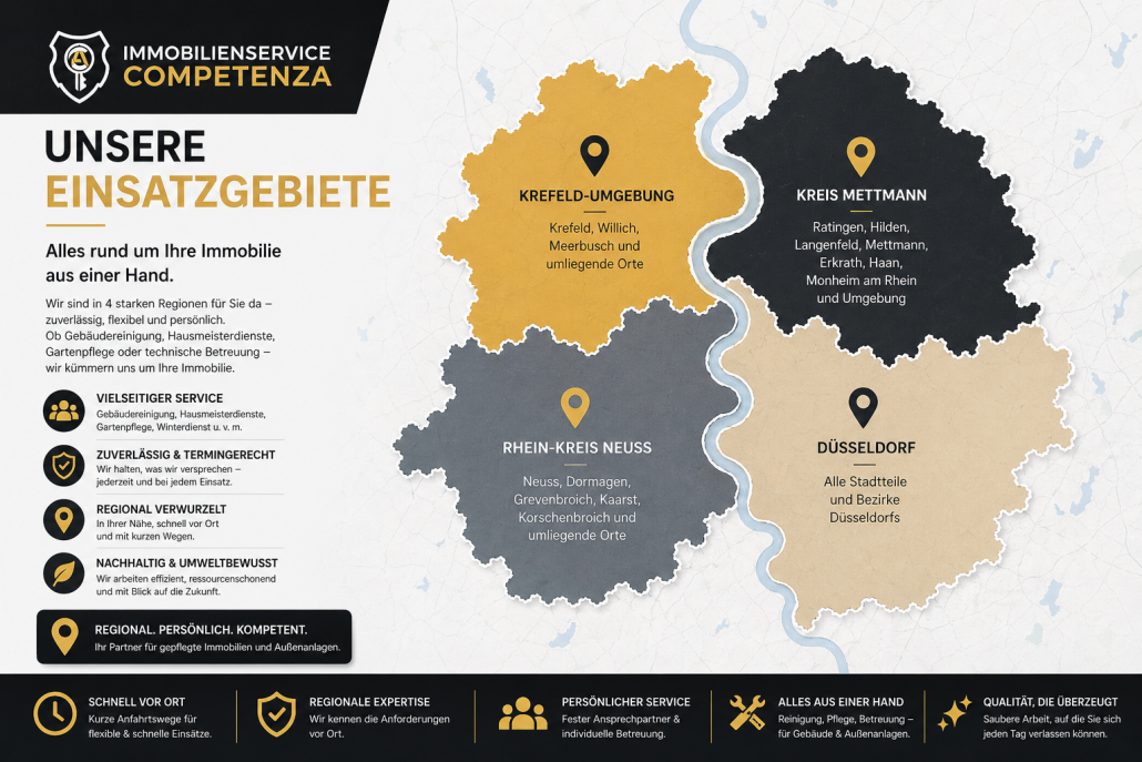Einsatzgebiete Hausmeisterservice & Gebäudeservice Düsseldorf und Umgebung Infografik mit Karte der Einsatzgebiete für Gebäudereinigung, Hausmeisterservice und Gartenpflege in Düsseldorf, Kreis Mettmann, Rhein-Kreis Neuss und Krefeld Umgebung