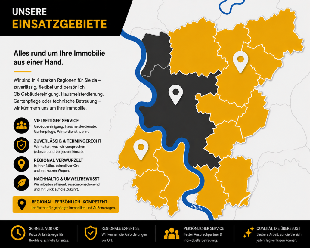 Regionen und Einsatzgebeite Infografik mit Karte der Einsatzgebiete für Gebäudereinigung, Hausmeisterservice und Gartenpflege in Düsseldorf, Kreis Mettmann, Rhein-Kreis Neuss